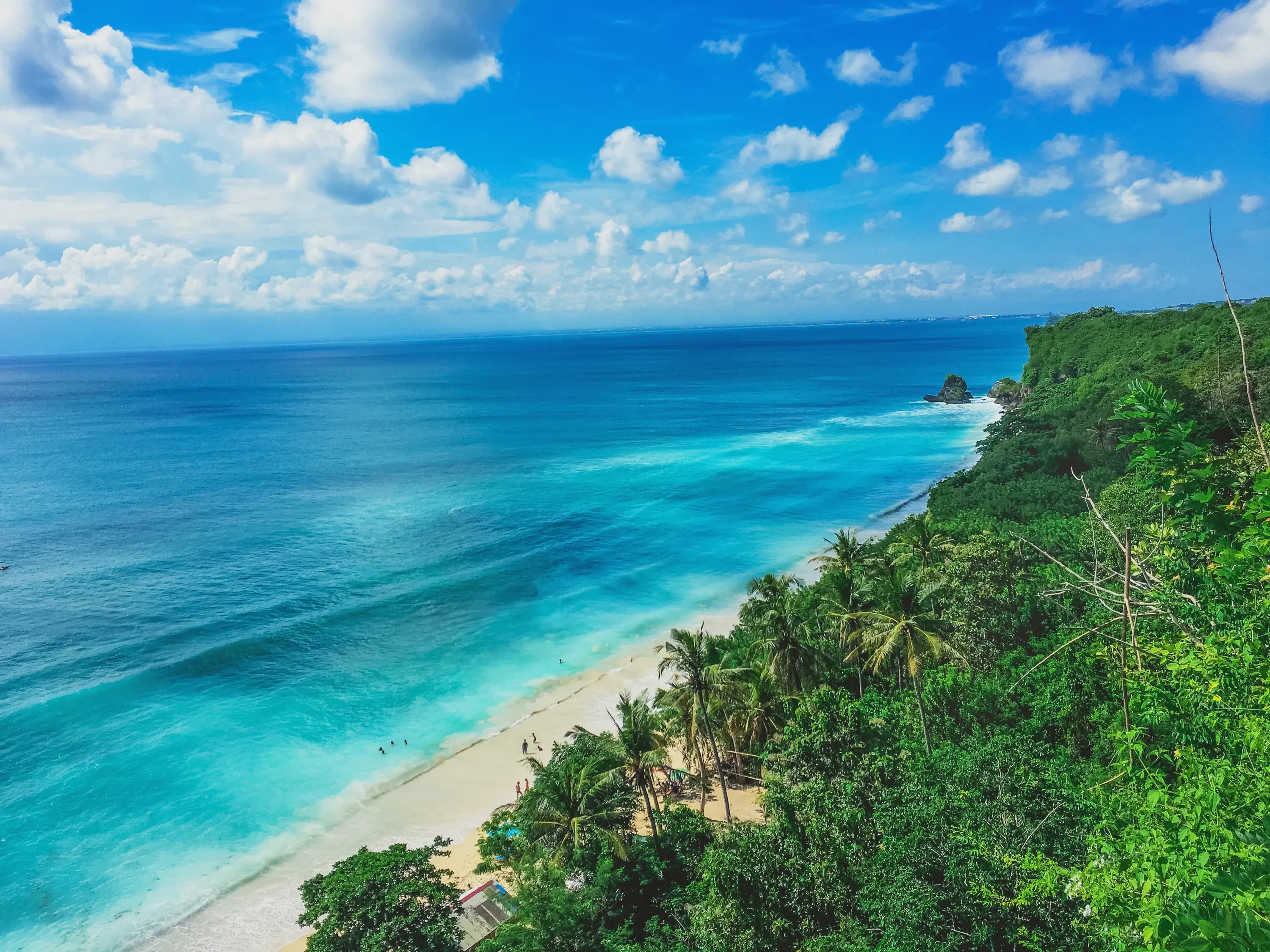 Tropical beach view in Bali with clear blue ocean, white sand, palm trees, and a bright cloudy sky.