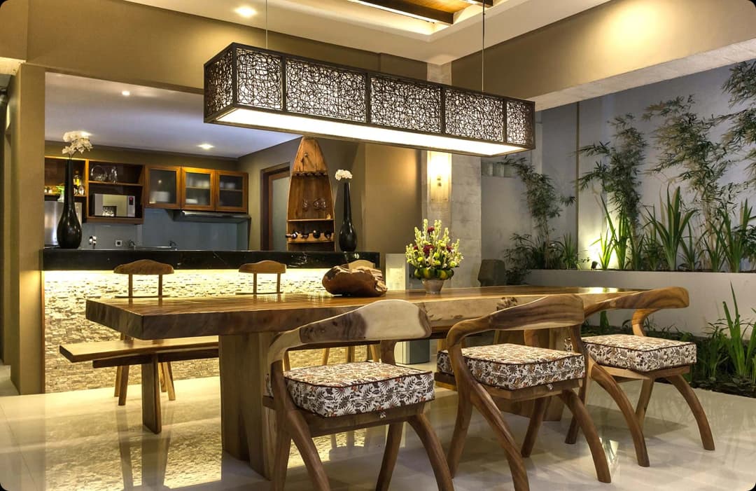 Warm Dining table with woody decoration Bali Villa